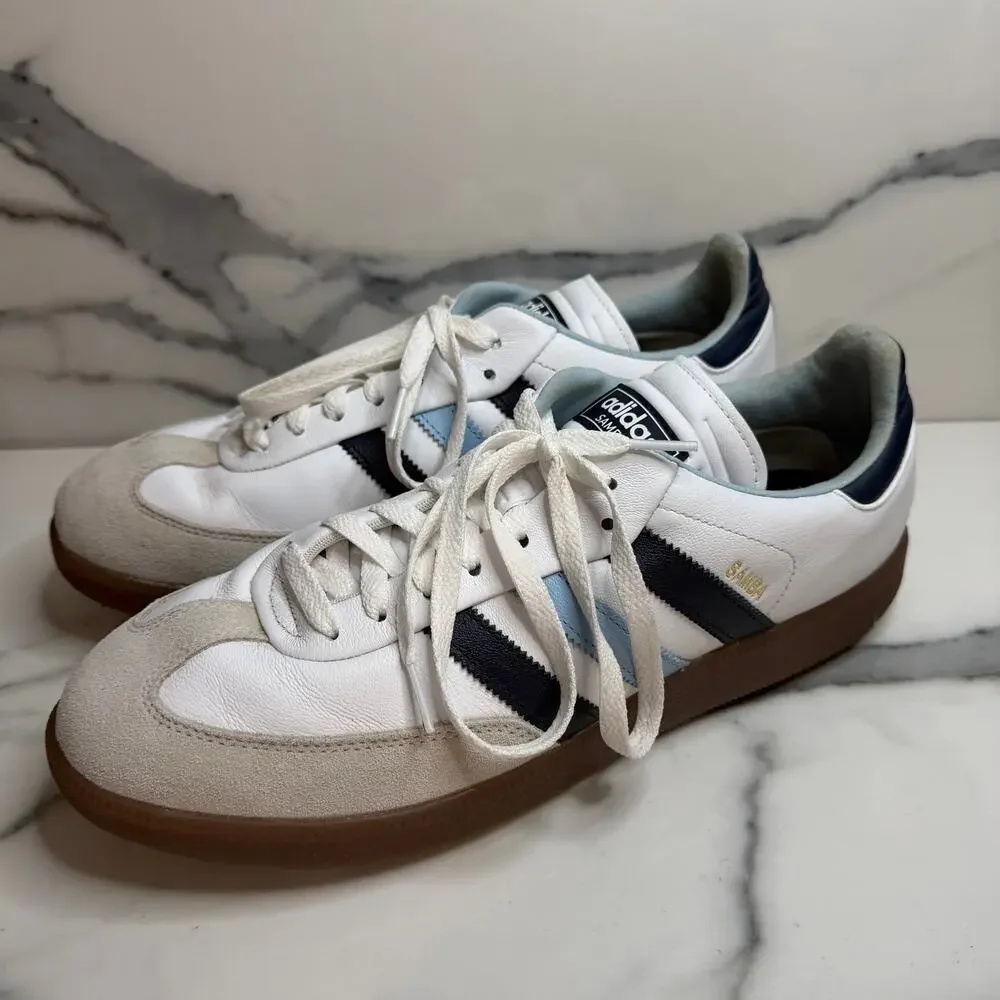 Adidas Men's White Leather Blue Stripe Gum Sole Samba Spikeless Golf Shoes Sz 12